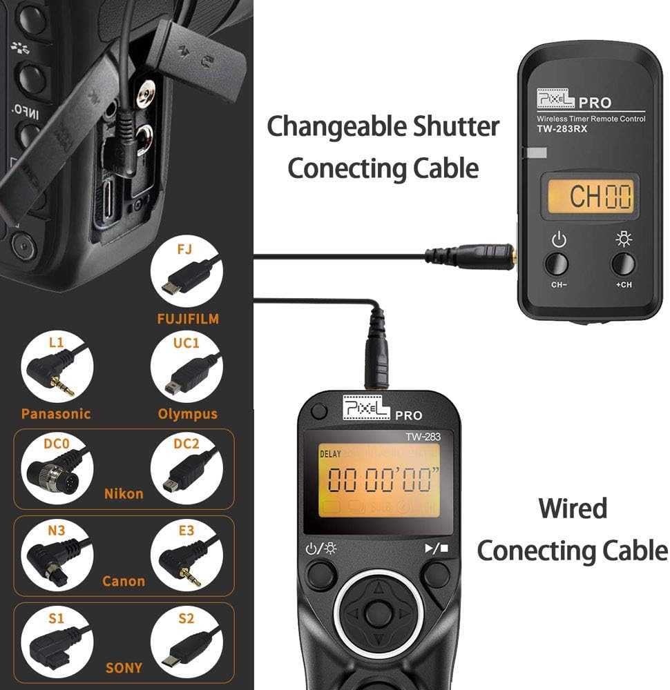 Pixel TW-283 E3 Wireless Shutter Release Cable Wired Remote Control Compatible Compatible for Canon XT XTi XS XSi T1i T2i T3 T3i T4i T5 T5i T6i SL1 EOS1300D 300D 60D 60Da 70D 80D