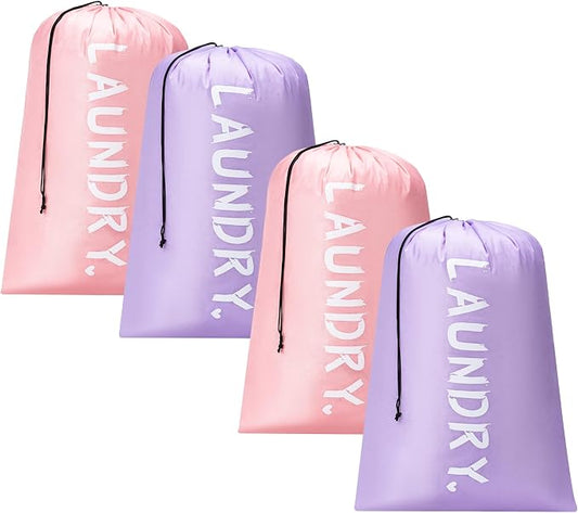 4 Pack XL Travel Laundry Bag, Machine Washable Dirty Clothes Organizer with Drawstring,Large Enough to Hold 4 Loads of Laundry, Easy Fit a Laundry Hamper or Basket Travel Essentials 24" x 36"