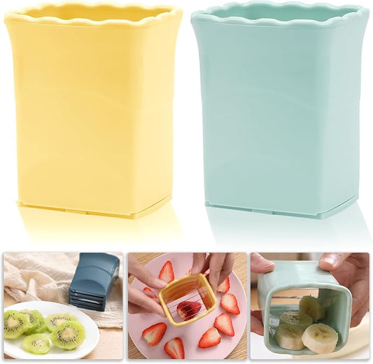 TULOBI 2 PCS Cup Slicer, Stainless Steel Egg Stainless, Strawberry Slicer, Mini Fruit Slicer Cup, Quickly Making Fruit Vegetable Salad, Creative Convenient Kitchen Gadget (Yellow + Cyan)