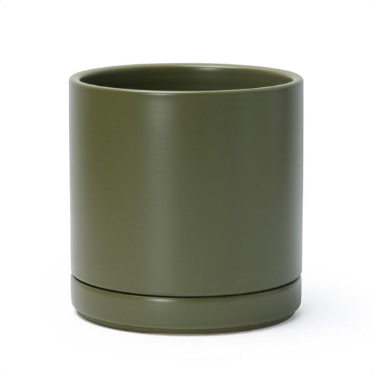 D'vine Dev 8 Inch Ceramic Planter Pot with Drainage Hole and Saucer, Indoor Cylinder Round Planter Pot, Olive, 94-O-D-J