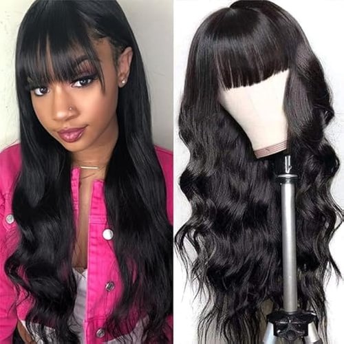 CORDELIA Body Wave Wigs with Bangs Human Hair Wigs for Black Women None Lace Front Wigs 150% Density Brazilian Virgin Hair Glueless Wig Natural Color 26inch