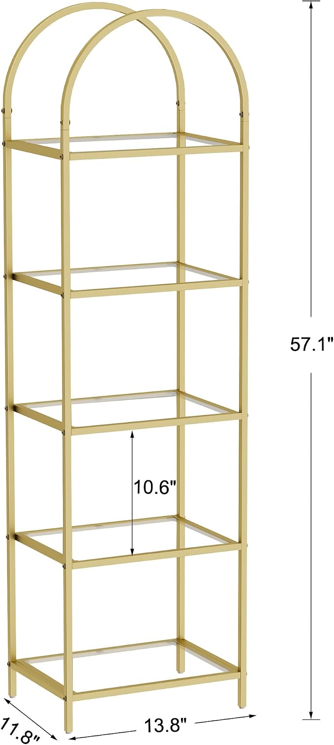 Homhedy Bookshelf Arched Display Racks,Metal Bookcase,Tempered Glass Shelves,Storage Rack Shelf for Home Office,Living Room,Bedroom, Bathroom,Modern Style (Golden, 11.8" D x 13.8" W x 57.1" H)