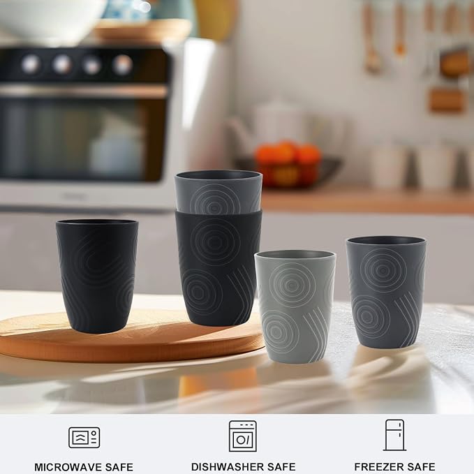 6 Pack Wheat Straw Cups 12 oz, Plastic Cups Reusable Drinking Glasses, Small Kids Cup, Unbreakable Water Tumblers Set Kitchen Cup Dishwasher Safe (Black, Grey)
