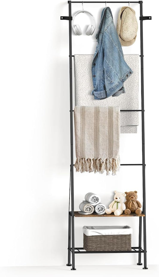 Blanket Ladder, 6-Tier Towel Holder with Shelf, Blanket Rack Freestanding, Ladder Shelf with Hooks for Towels Clothes Scarves, Standing Towel Rack for Bathroom Living Room Bedroom, Brown