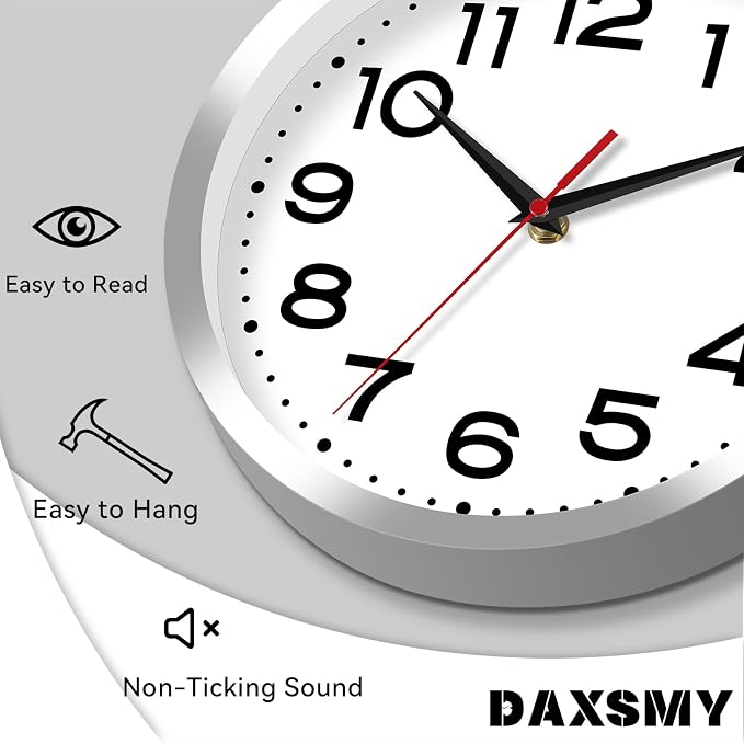 Roymnie Wall Clock Silent Non-Ticking Modern Clock Battery Operated 12 Inch Small Classic Analog Decorative for Kitchen, Bathroom, Office, Bedroom, Home(Silver)