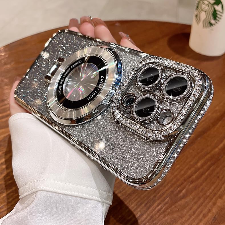 Magnetic Kickstand (Glitter Lens Protector ) Case for IPhone 15 14 13 12 Pro Max (Compatible with Magsafe ) Sparkling Diamond Cover Glitter Shiny Rhinestone Cases (Silver,for iPhone 13)
