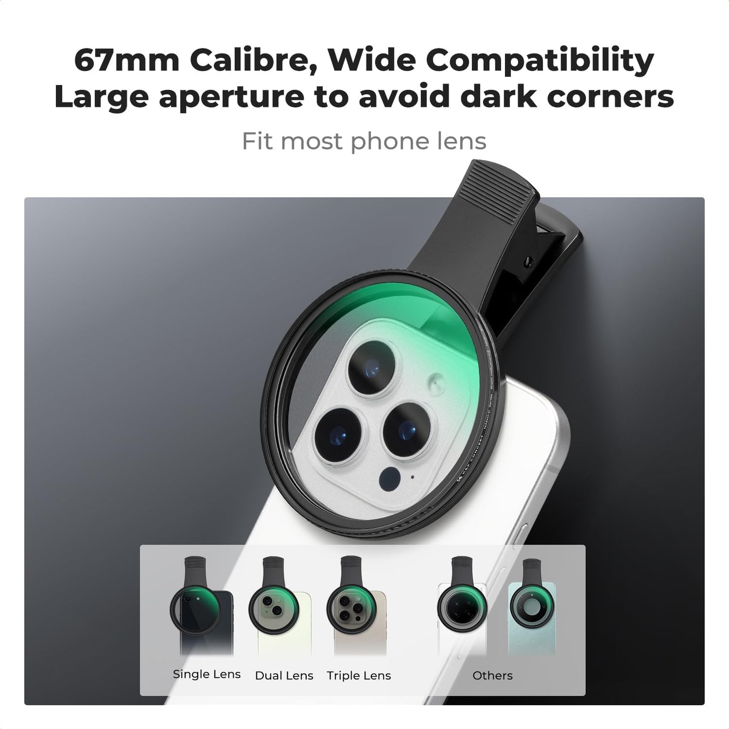 K&F Concept 67mm Clip-on Black Diffusion 1/8 Phone Camera Lens Filter Kit, Mist Cinematic Effect Filter Compatible with iPhone 16 15 14 13 12 11, for Video/Vlog/Portrait Photography