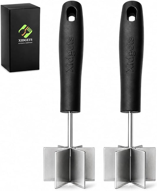2pc Large Stainless Steel Meat Chopper, Masher & Cocktail Muddler | Dishwasher Safe | 6-Blade Chopper Tool | Oversized Ergonomic Handle | Heat Resistant Grip | 2 x 10" black