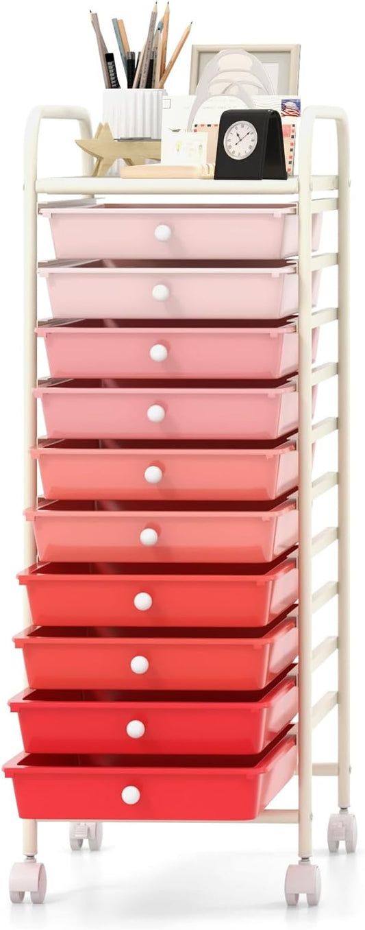 MEDIMALL 10 Drawers Rolling Storage Cart, Multipurpose Craft Storage Cart with Wheels, Mobile Tools Scrapbook Paper Organizer Cart for Office School Home Use