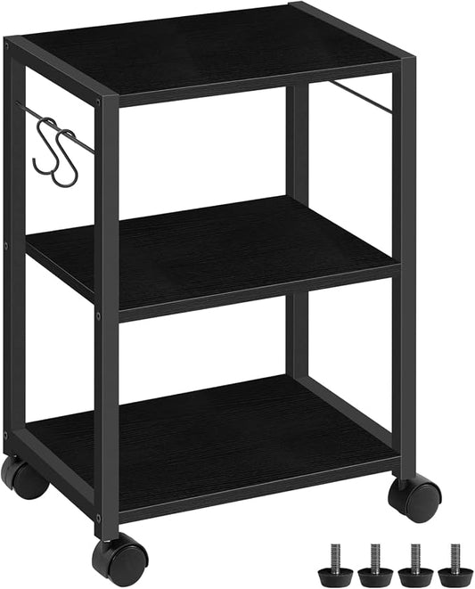 MAHANCRIS Printer Stand, 3-Tier Under Desk Rolling Cart with Storage Shelf, Heavy Duty Printer Table with Wheels for Home Office, Printer Shelf with 2 Hooks, for Small Spaces, Black PTHB4001V