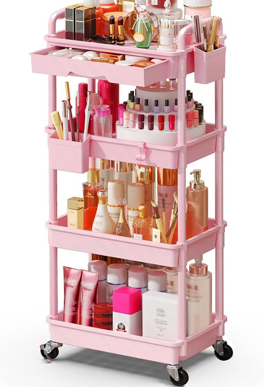 SUNALLY Makeup Cart Organizer with Drawers, 4 Tier Floor Skincare Organizers for Vanity, Rolling Makeup Bathroom Storage Cart Cosmetics Display Cases for Skin Care Perfume Nail Polish, Pink