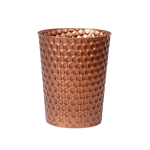 Venalys Small Metal Trash Can Wastebasket, Decorative Honeycomb Garbage Can Waste Basket, Modern Farmhouse Round Trash Bin for Bathroom, Bedroom, Kitchen and Office (Copper)