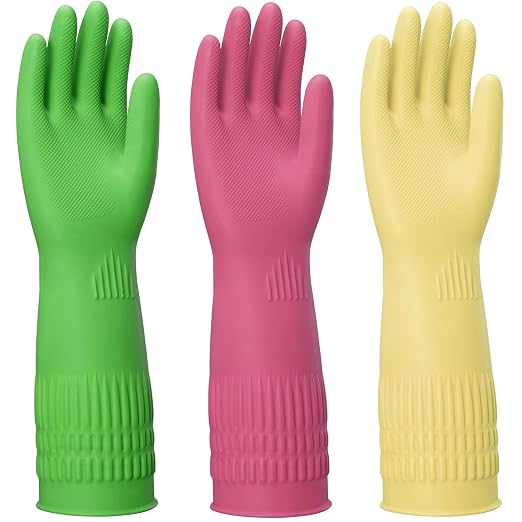Rubber Gloves for Cleaning – 3 Pairs Reusable Gloves for Dishwashing, Kitchen and Household Tasks, 15-Inch Long (Regular Style, XL(Fits Large Hands))