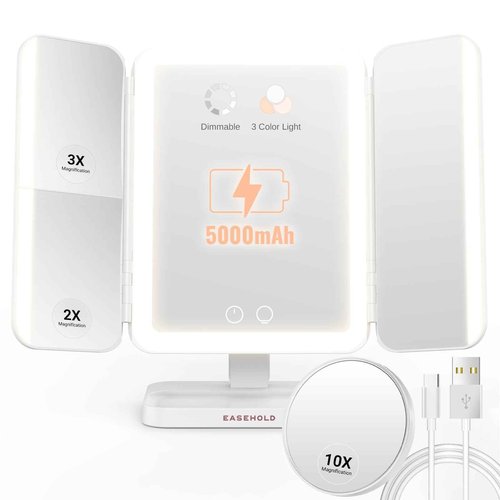 EASEHOLD Lighted Makeup Mirror with Magnification, Makeup Mirror with ligths, 2X 3X 10X Magnifying, Rechargable LED Mirror with 3 Colors Lights for Makeup Desk, Gifts for Women