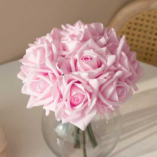 Artificial Roses Single Stem 10pcs Fake Silk Flower Arrangement Bouquet Real Touch for Home Party Wedding Decoration(Light Pink)