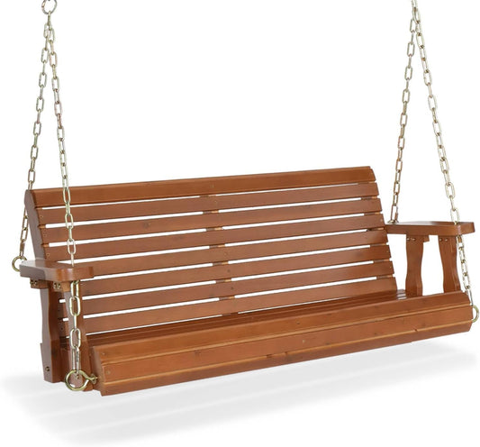 VINGLI Upgraded Patio Wooden Porch Swing for Courtyard & Garden, Heavy Duty 880 LBS Swing Chair Bench with Hanging Chains for Outdoors (Brown, 4 FT)