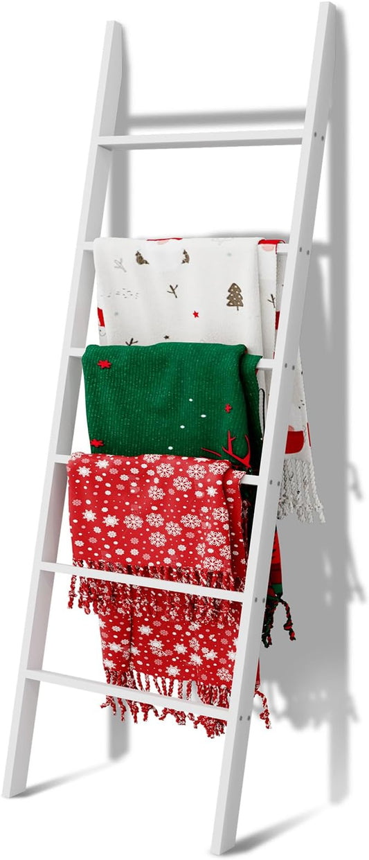 Delywh Wood Blanket Ladder, 57.5'' Rustic Towel Quilt Throw Blanket Ladders for The Living Room, Bedroom, Nursery Stand Holder, Wooden Decorative Ladder for Blankets Rack Farmhouse Home Decor, White