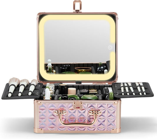 Qislee Makeup Box with A Detachable Lighted Mirror, Waterproof Travel Train Case, Cosmetic Organizer and Makeup Suitcase with Adjustable Dividers, Magnetic LED Mirror(Sparkling Pink)
