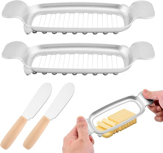 2 Pcs Butter Slicer Cutter, Aluminum Alloy Multipurpose Cheese Slicer with 2pcs Cheese Spreader, Handheld Butter Cutter Single Stick Makes Cutting Cheese, Butter, Eggs Into Average