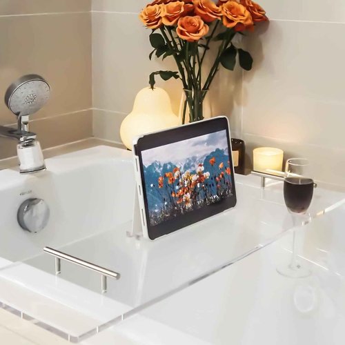 Ezcasch Acrylic Bathtub Tray Clear Bathtub Caddy Bath Tray Table for Tub Luxury Spa with Book and Wine Glass Holder Bathroom Accessories for Bathroom Decoration, Transparent 39.3inch