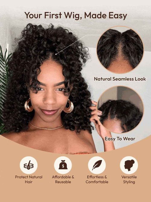 UNICE InvisiBlend V Part Wig Water Wave Mixed Curly Seamless Blending Human Hair Glueless Wig with Drawstring Minimal Leave Out Upgrade U Part Wig Beginner Friendly 150% Density 16 Inch