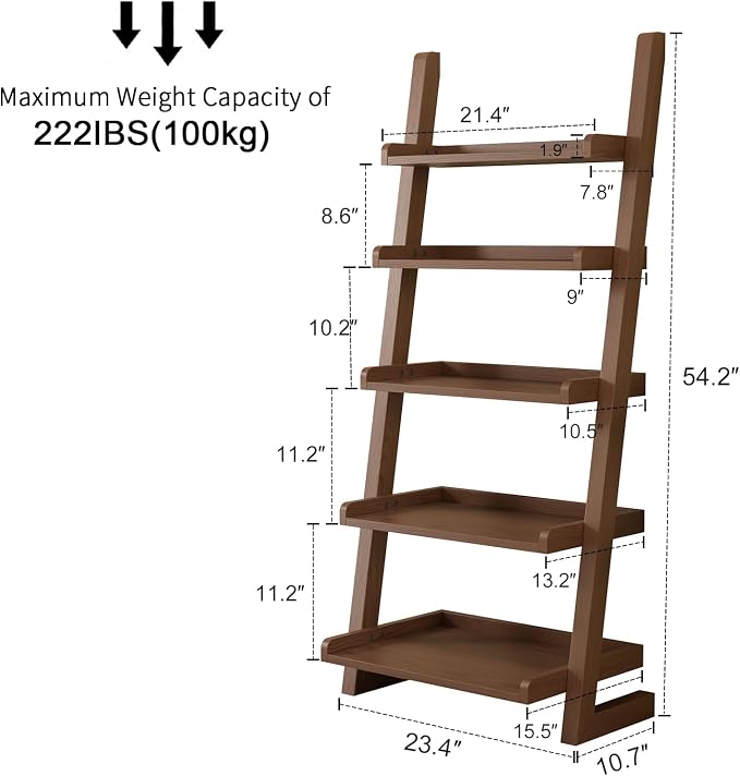 AQIMUELE Walnut Wooden Ladder Shelf with Edges, 5-Tier Modern Leaning Bookshelf Ladder – Stylish Space-Saving Bookcase for Living Room, Bedroom & Home Office