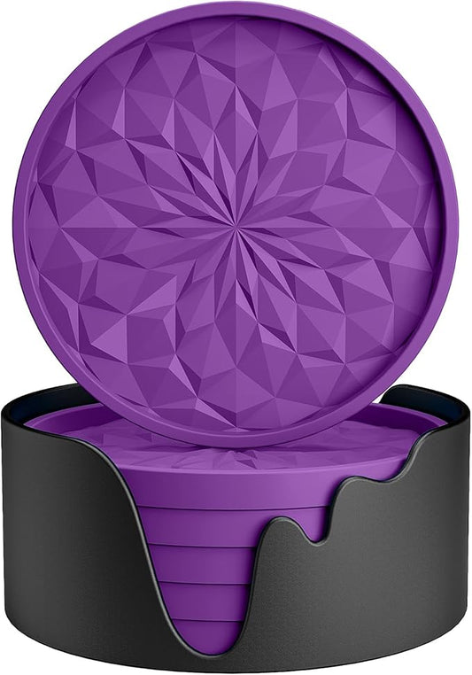 ME.FAN Silicone Coasters with Holder,[6 Pack] Drinking Coasters - Cup Mat for Hot or Cold Drinks, Thickened, Non-Slip, Non-Stick,Deep Tray Dark Purple