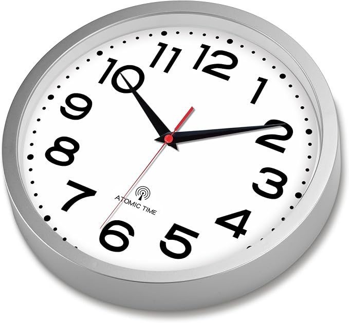 Roymnie Atomic Wall Clock 12 Inch, Modern Clock Battery Operated Classic Analog Decorative for Kitchen, Living Room, Office, Bedroom, Bathroom (Silver)