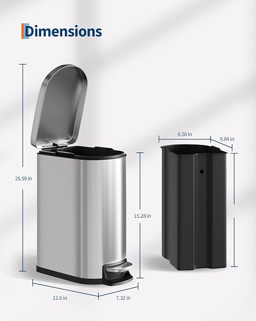 Garvee 13 gal (50 L) and 2.6 gal (10 L) Stainless Steel Trash Can Combo Set, Rustproof Garbage Can with Lid for Kitchen and Bathroom, Step-on Trash Bin with Inner Bucket, Rear Handle, Silver