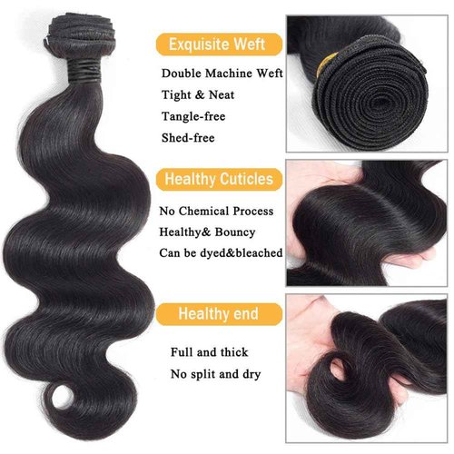 12A Body Wave Human Hair Bundles with Closure 18 20 22Inch Brazilian Body Wave 100% Unprocessed Virgin Human Hair Extensions 3 Bundles with 4x4 Lace Closure Free Part Natural Black Color