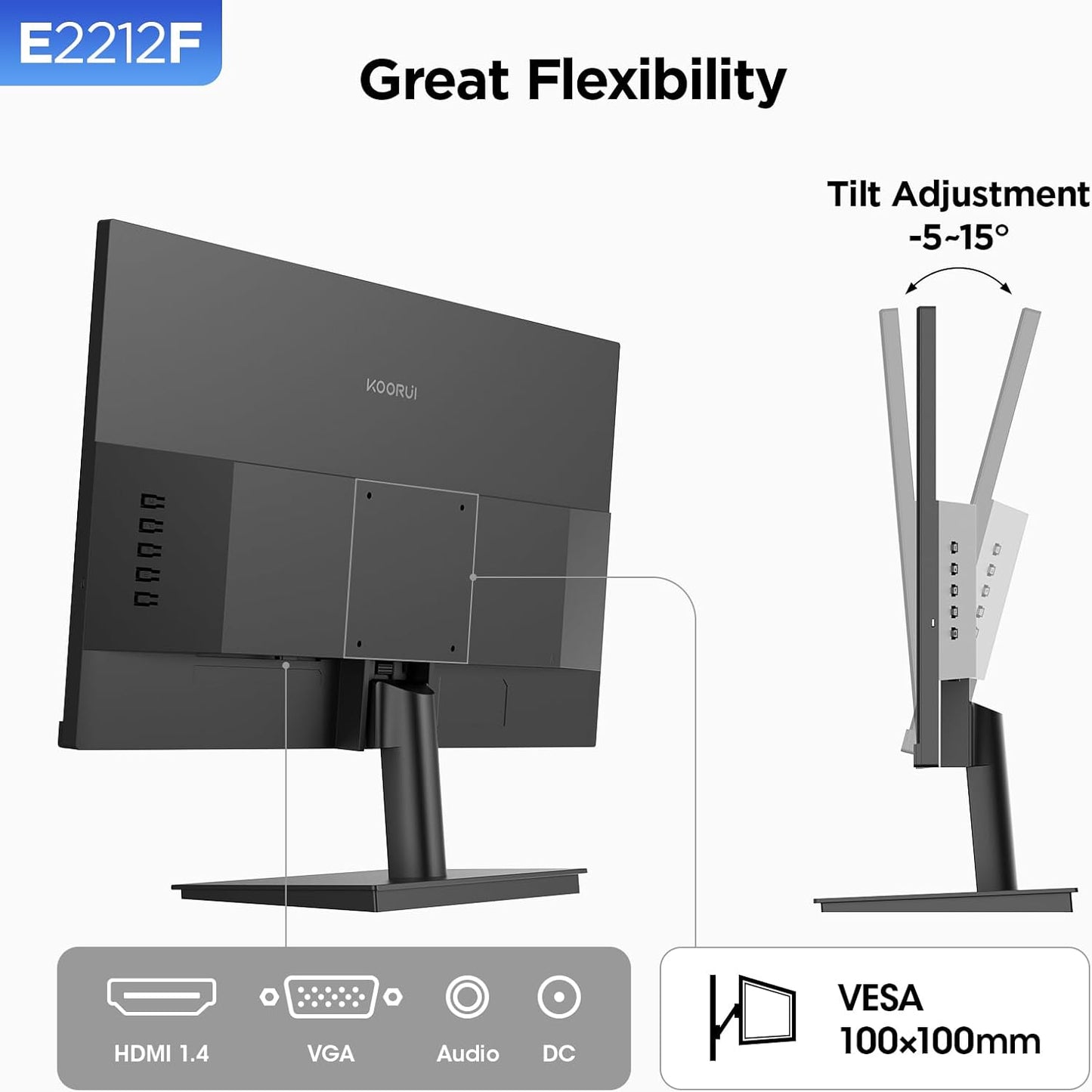 KOORUI 22 Inch Computer Monitor Full HD 1080P 100Hz PC Gaming Screen VA Panel Ultra-Slim Display 3000:1 Contrast Ratio with Adpitive Sync (HDMI/VGA/VESA Compatible 100x100mm/Audio Out), Tilt, Black