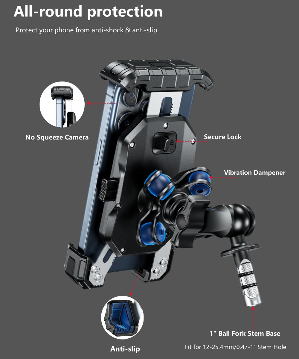 Kewig Motorcycle Fork Stem Phone Mount Holer with Vibration Dampener, [No Scratches Camera] Anti-Theft Motorcycle Cell Phone Holder, Fits for Fork Stem Tubes 12-25.4mm in Diameter, for 5.5-7.2" Phone"