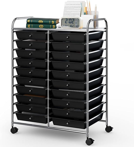 COSTWAY 20-Drawer Rolling Storage Cart, Utility Storage Organizer Cart for Tools, Scrapbook, Paper, Craft, Multipurpose Storage Trolley on Wheels for Home Office School (Black)