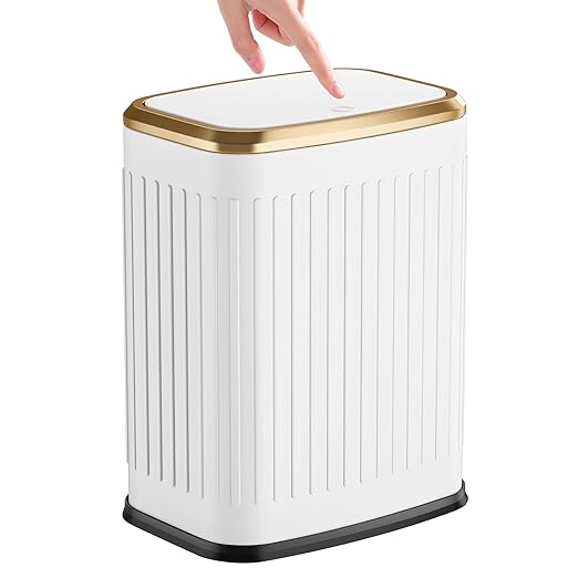 TIPGO Bathroom Trash Can with Lid, 2.1 Gallon / 8 Liter Small Garbage Can, Press Top Bin, Stainless Steel Wastebasket with Pop-Up Lid for Bedroom, Living Room, Office (White)