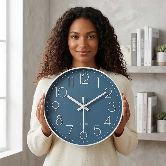 jomparis 12 Inch Silent Non-Ticking Battery Operated Quality Quartz Round Wall Clock Modern Decor Clock for Home Office Bedroom Bathroom(Cerulean/Blue Color)