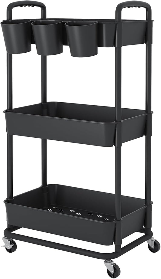 JIUYOTREE 3-Tier Plastic Rolling Storage Cart Utility Cart with Extra Hanging Cups Handles Lockable Wheels for Living Room Bathroom Kitchen Office Black