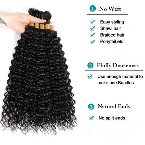 Human Braiding Hair Deep Wave Bulk for Braiding No Weft 12A Brazilian Virgin Curly Extensions for Boho Braids Wet and Wavy Hair (1B-Deep Wave, 22/200g)