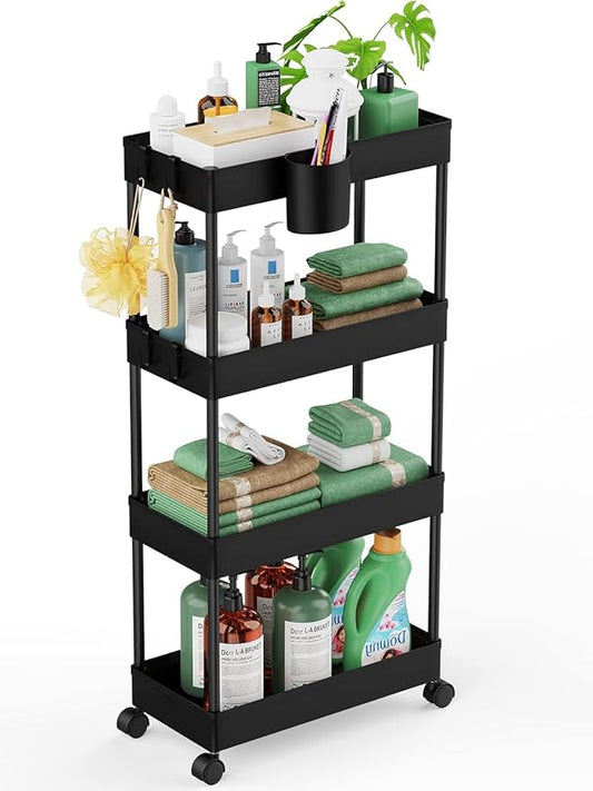 LEHOM Slim Rolling Storage Cart - 4 Tiers Bathroom Organizer Utility Cart Slide Out Storage Shelves Mobile Shelving Unit for Kitchen, Bedroom, Office, Laundry Room, Small Narrow Spaces（7.1" W+Black）