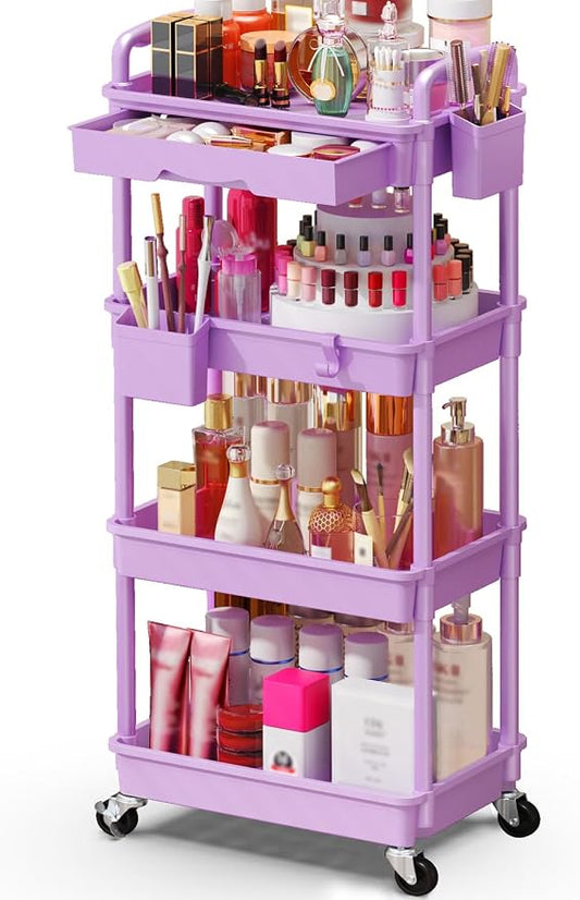SUNALLY Makeup Cart Organizer with Drawers, 4 Tier Floor Skincare Organizers for Vanity, Rolling Makeup Bathroom Storage Cart Cosmetics Display Cases for Skin Care Perfume Nail Polish, Purple