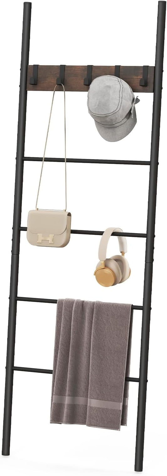 S AFSTAR Wall Leaning Blanket Ladder, 5-Tier Ladder Shelf with 5 Removable Hooks, Industrial Blanket Holder Rack, Drying and Display Rack for Bathroom, Living Room, Entrance, Rustic Brown
