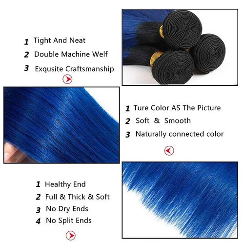 Habiliana Bundles Human Hair 22 24 26 Inch Straight T1B Blue Human Hair Bundles 11A Unprocessed Brazilian Virgin Quick Weave Hair Extensions for Black Women