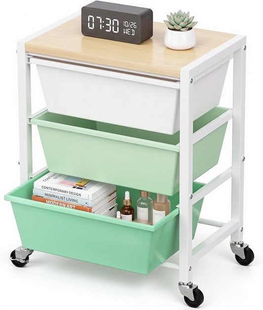 Rolling Cart with 3 Drawers, Plastic Drawer Storage Carts with Lockable Wheels & Wooden Tabletop, Metal Art Craft Utility Cart Organizer for Home Office Bedroom Dorm Bedside Classroom, Bright Green