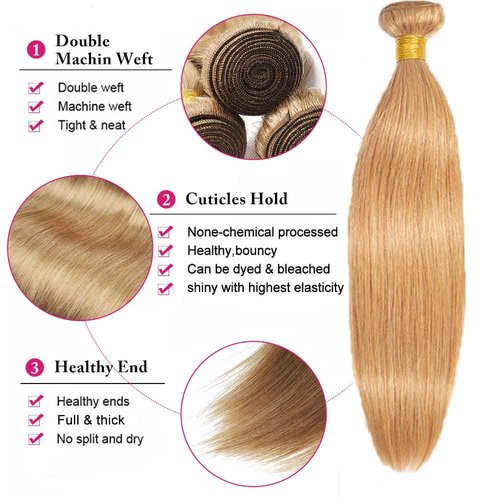 26 28 30 inch Honey Blonde Human Hair Bundles Blonde Straight Human Hair Bundle #27 Straight Bundle Double Weft 3 Bundles