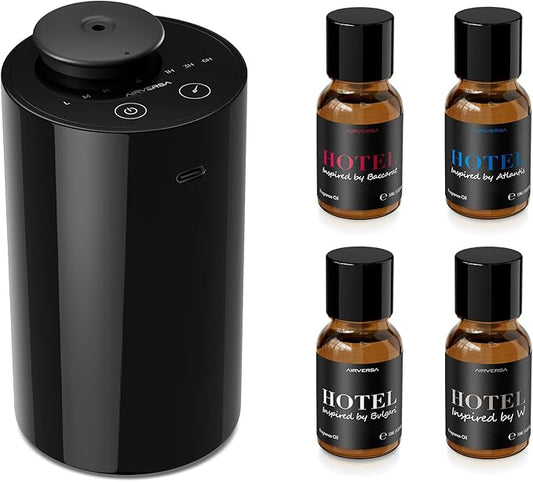 Airversa Waterless Essential Oil Diffuser Starter Kit with 4 x 10mL Hotel Scent Fragrance Oil, Battery Operated Mini Scent Air Machine Portable Diffuser for Home Car Office, AN6Kit-04 Black