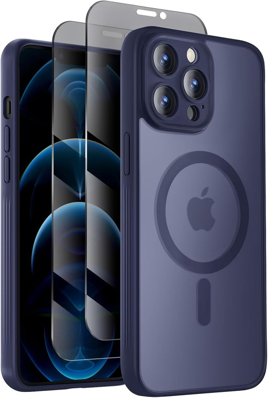 Designed for iPhone 12 Pro Max Case, Compatible with MagSafe, with Privacy Screen Protectors X2, [Camera Protection] [15FT Military Drop Protection] Shockproof Phone Case, 6.7", Navy Blue
