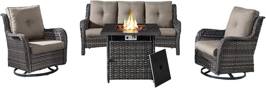 Outdoor Patio Furniture Set with 50000BTU Propane Fire Pit Table, 4 Pieces Wicker Patio Conversation Set with 2 Swivel Rocker Glider Chairs Rattan Sofa Blue Cushion Perfect for Casual Gathering