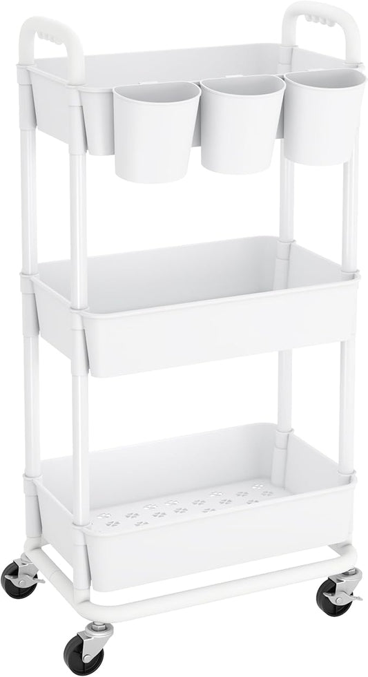 JIUYOTREE 3-Tier Plastic Rolling Storage Cart Utility Cart with Extra Hanging Cups Handles Lockable Wheels for Living Room Bathroom Kitchen Office White