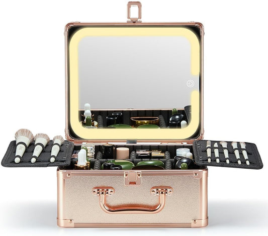 Qislee Makeup Box with A Detachable Lighted Mirror, Waterproof Travel Train Case, Cosmetic Organizer and Makeup Suitcase with Adjustable Dividers, Magnetic LED Mirror(Rose Gold)