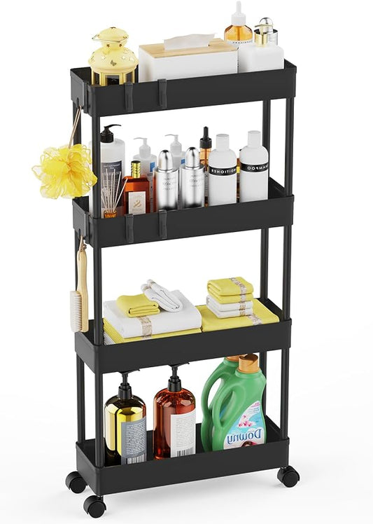 LEHOM 5.1Inch Slim Storage Cart - 4 Tiers Bathroom Organizer Mobile Shelving Unit Storage Rolling Utility Cart Slide Out Organizer for Kitchen Bathroom Laundry Narrow Places, Black U4