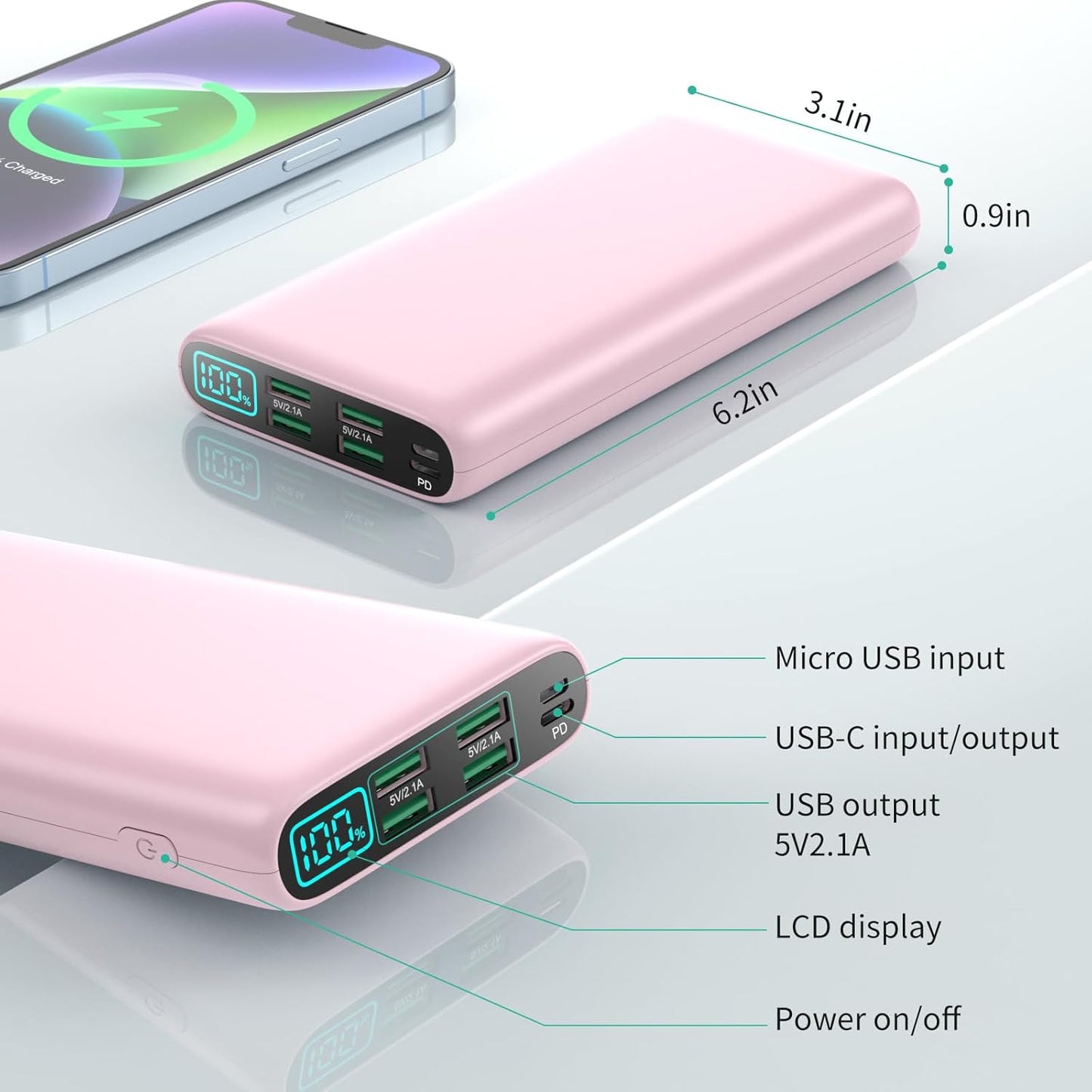 Portable Charger 38800mAh,LCD Display Power Bank,5 USB Outputs Battery Pack Backup,USB-C in&out Dual Input Phone Charging Compatible with iPhone 16/15/14/13 Pro,Android Samsung Galaxy Pixel Nexus-Pink